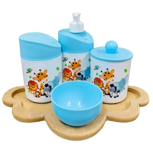 Kit Higiene Bebê Safari Juntos c/Bandeja Nuvem Crua em MDF