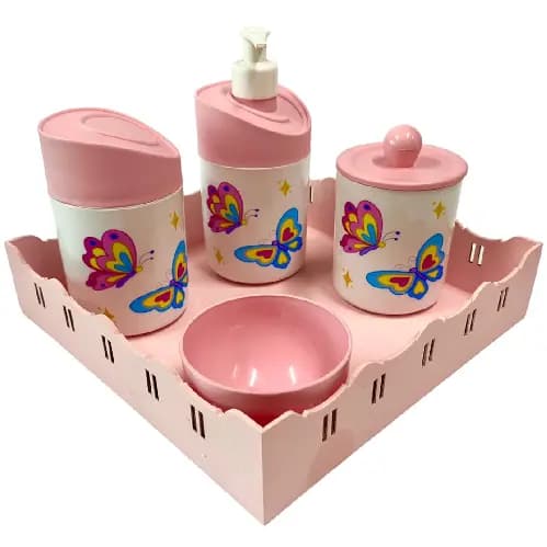 Kit Higiene Bebê Borboleta Menina com Bandeja Quadrada Rosa