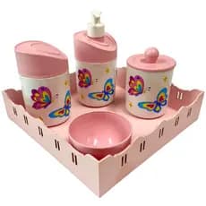 Kit Higiene Bebê Borboleta Menina com Bandeja Quadrada Rosa