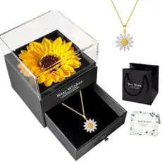 Colar Girassol Banhado A Ouro Cravejado Flor Eterna Caixa Em Couro Presente Namorada Mulher Mae Top Full