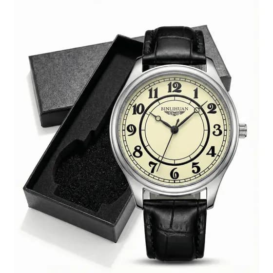 Relógio Masculino Binlihuan Clássico Pulseira Couro Preto Preto Prateado Bege