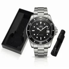 Relógio Masculino Winner 320 Aço Inoxidável Mecânico Prateado Preto Preto