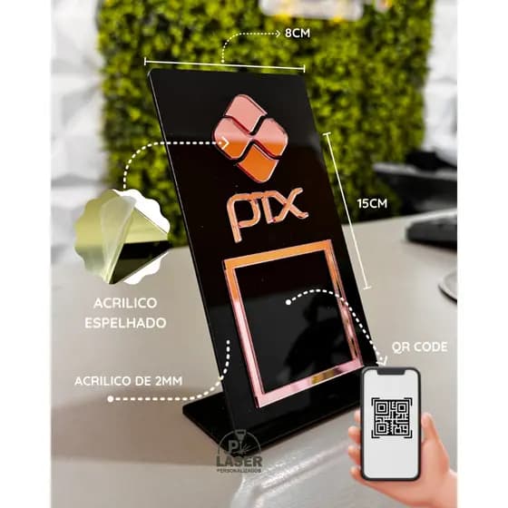 Placa Pix Pagamento QrCode De Mesa Balcão c/ base - Acrílico
