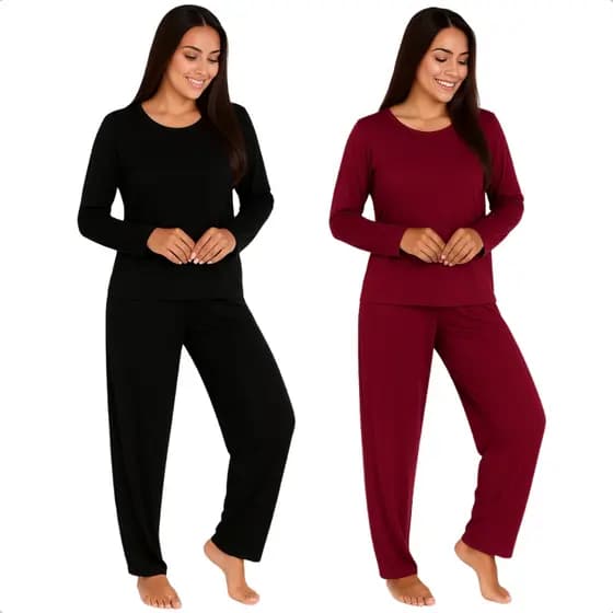 Kit 2 Pijama Feminino Blusa Manga Longa Calça Comprida Liso Confortavel Inverno Frio Dormir Noite