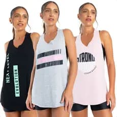 Kit com 3 Regatas Feminina Costas Nadador Academia Viscolycra Fitness estampadas