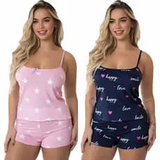 Kit 4 Peças (2 Conjuntos) Pijama Feminino Baby Doll Short Doll Roupa Dormir 2 Shorts + 2 Blusas