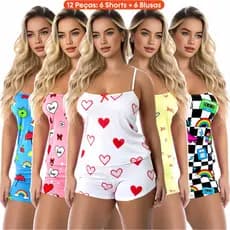 Kit 12 Peças (6 Conjuntos) Pijama Feminino Baby Doll Short Doll Roupa Dormir 6 Shorts+ 6 Blusas