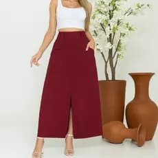 Saia Longa Cintura Alta Linho Forrada Com Bolsos Tendência P ao GG