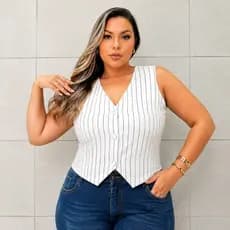 Coletinho Feminino Plus Size Listrado Decote V Botões Alfaiataria