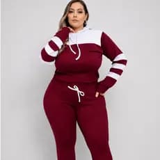 Conjunto Feminino Manga Longa Plus Size Grande Tipo Moletom Capuz Malha Crepe Moda Atual