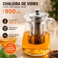 Chaleira de Vidro 900ml Infusor Aço Inox Removível Resistente Jarra Chá Ervas Tampa Inox