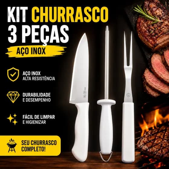 Kit Churrasco 3 Peças Aço Inox Faca Chaira Garfo Cabo Reforçado Carnes Cozinha Gourmet Premium