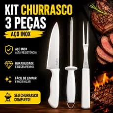 Kit Churrasco 3 Peças Aço Inox Faca Chaira Garfo Cabo Reforçado Carnes Cozinha Gourmet Premium
