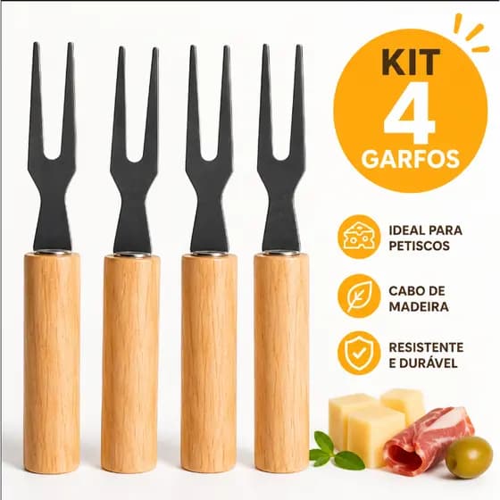 Kit 4 Garfos Para Petiscos Cabo de Madeira e Inox Resistente Petisqueira Queijo Frios Aperitivos