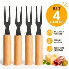 Kit 4 Garfos Para Petiscos Cabo de Madeira e Inox Resistente Petisqueira Queijo Frios Aperitivos
