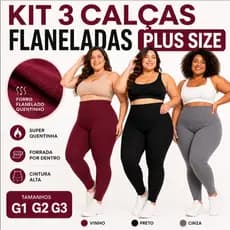 Kit 3 Calças Legging Flanelada Plus Size Feminina Peluciada Térmica Cintura Alta G1 G2 G3