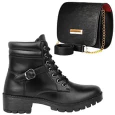 Kit Bota Coturno Feminina Com Salto Tratorado com Bolsa Transversal Pequena Porta Celular