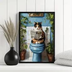 Quadro Decorativo Gato na privada banheiro azul lendo jornal