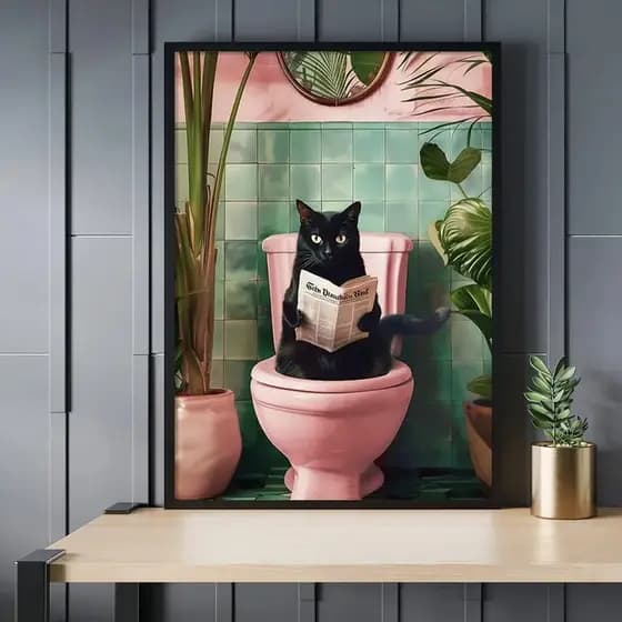 Quadro Decorativo gato arte moderna banheiro rosa