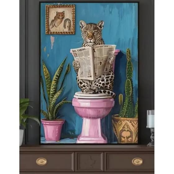 Quadro Decorativo onça pintada no banheiro rosa