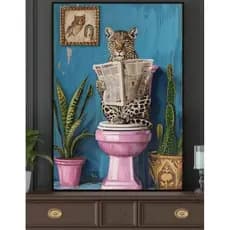 Quadro Decorativo onça pintada no banheiro rosa