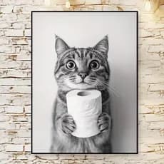 Quadro Decorativo gato com papel higiênico para banheiros