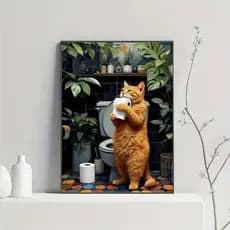 Quadro Decorativo gatinho amarelo no banheiro com papel higiênico