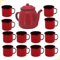 Bule Esmaltado Vermelho 1 Litro Café Chá + 12 Mini Xícaras Esmaltadas