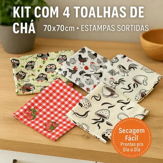 Kit Toalha de Chá 70cm x 70cm com 4 Peças