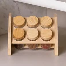 Jogo 6 Potes com Suporte Wolff Porta Condimentos em Bambu e Vidro 120ml Requintado Luxo Organizador Bancada Mesa Posta