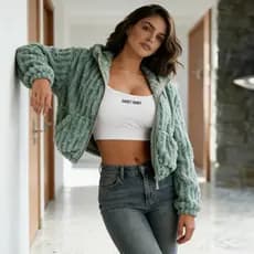 Casaco Feminino Peluciado Teddy Cropped Inverno Com Capuz E Zíper Jaqueta Moda Frio Confortável