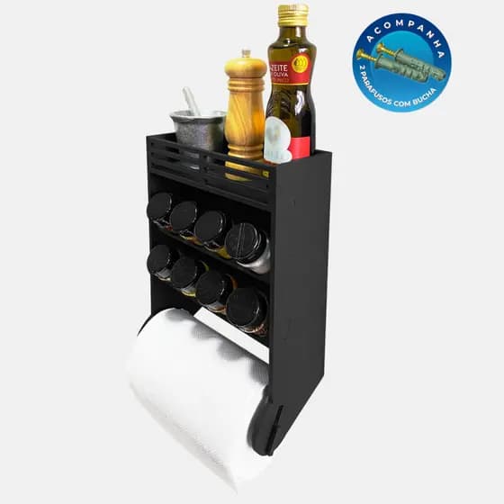 Suporte Parede Tempero Condimento Papel Toalha com Buchas Parafusos 8 Potes 130ml Tampa Dosadora