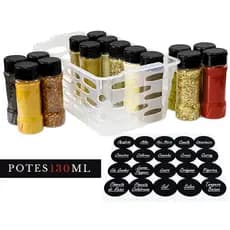 15 Potes De Plástico Para Condimentos Temperos Com Cesto Versátil + Etiquetas