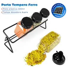 1 Porta Tempero em Ferro Reforçado Mesa Bancada + 4 Potes 220ml Tampa Dupla + Etiquetas