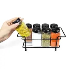 Porta Tempero Modelo Caixa de Ferro + 8 Potes 220ml Tampa Dupla com Etiquetas Condimentos Temperos