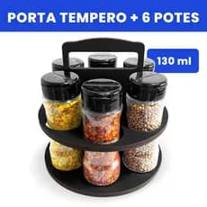 Suporte com Alça MDF 6mm e Potes Plástico 130ml de Tempero e Especiarias Para Cozinha Dispensa