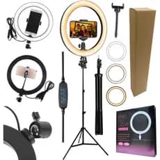 Kit Youtuber Tripé Profissional Pedestal 2,10m + Luz Iluminador Led Ring Light 26cm Reclinável Suporte Celular Universal