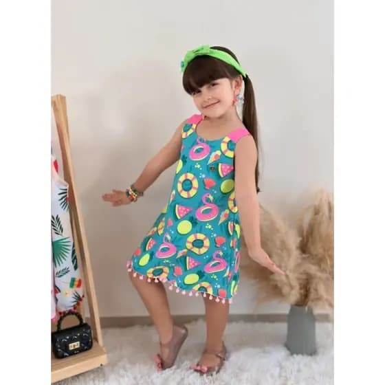 vestido infantil menina salada mista / frutas / melancia / brilha sob luz neon infantil , blogueirinha