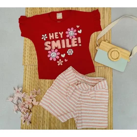 conjunto infantil menina flores 02 pç , short e camiseta com babado , primavera verão  , casual