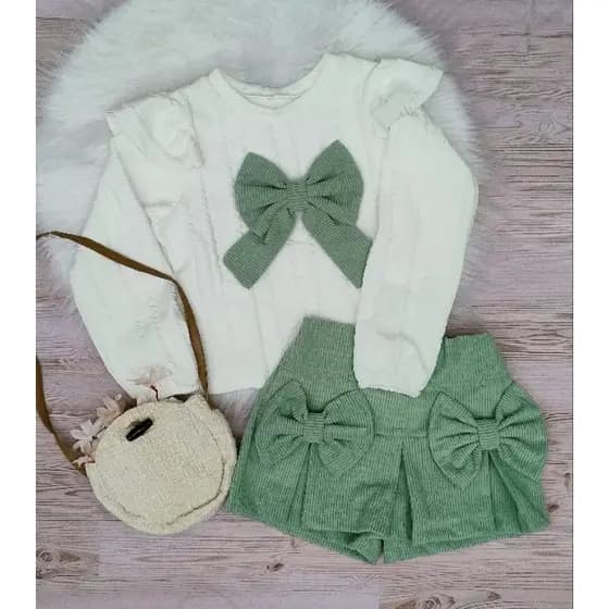 conjunto infantil menina laço luxo , short saia veludo, outono inverno blogueirinha