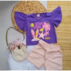 conjunto infantil menina tropical 02 pç , short e camiseta com babado , primavera verão  , casual