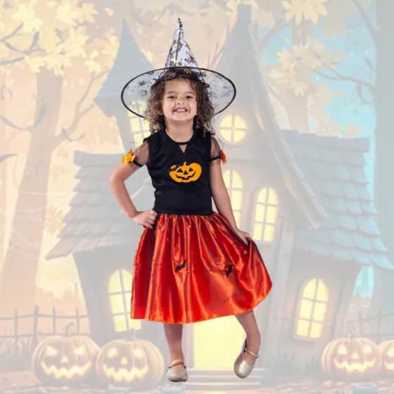 Fantasia Infantil da Bruxa com Chapéu Halloween