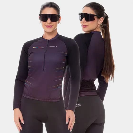 Camisa Ciclismo Feminina Camiseta Manga Longa Preta Proteção UV Roupa Bike Pedal Mtb