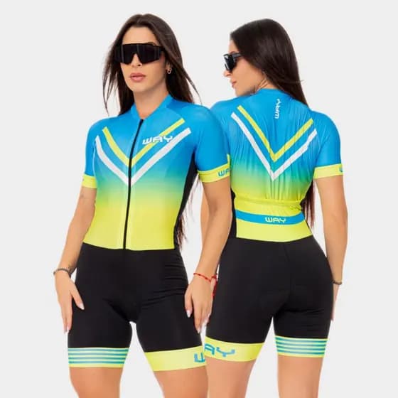 Macaquinho Ciclismo Feminino Macacão Forro De Gel Azul Manga Curta Bike Pedal Mtb