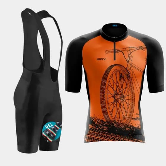 Kit de Ciclismo Masculino Camisa Laranja e Bretelle com Forro em Gel
