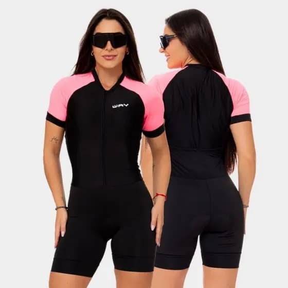 Macaquinho Ciclismo Feminino Macacão PRO Preto com Rosa Forro Espuma Roupa Bike Pedal Mtb