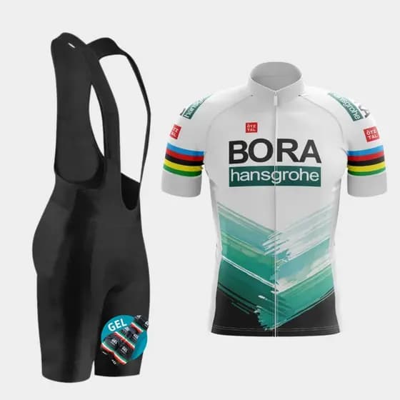 Conjunto de Ciclismo Bora Verde e Branco e Bretelle Forro em Gel Mtb Bermuda Bike Masculino