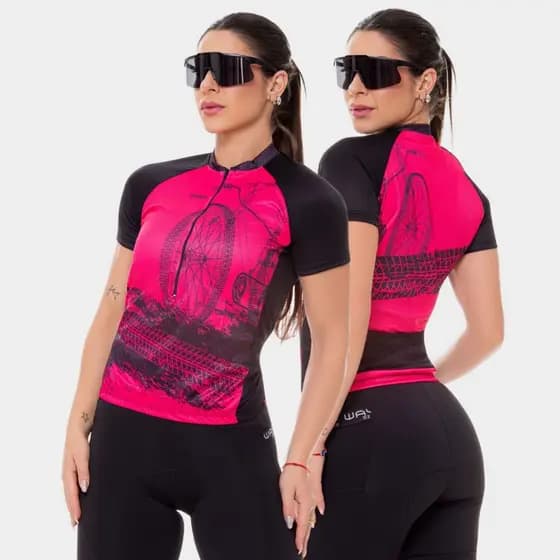 Camisa de Ciclismo Feminina Bike Roda Rosa Pro Manga Curta