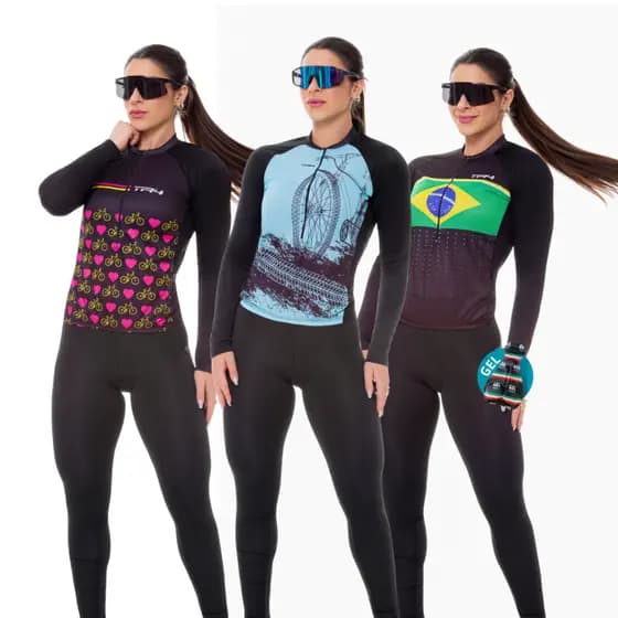 Conjunto de Ciclismo Inverno Gel Feminino Camisa Blusa Manga Longa e Calça com Bolsos Forro em Gel