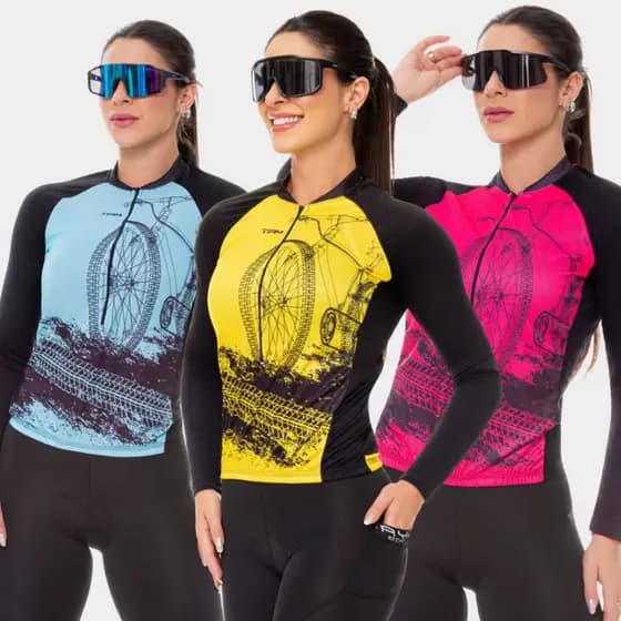 Camisa Ciclismo Feminina Proteção UV Várias Cores Manga Longa Inverno Frio Bike Pedal